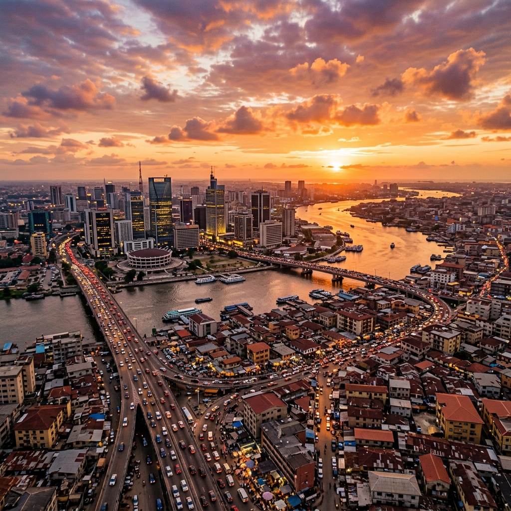 Emerging market city skyline at sunset