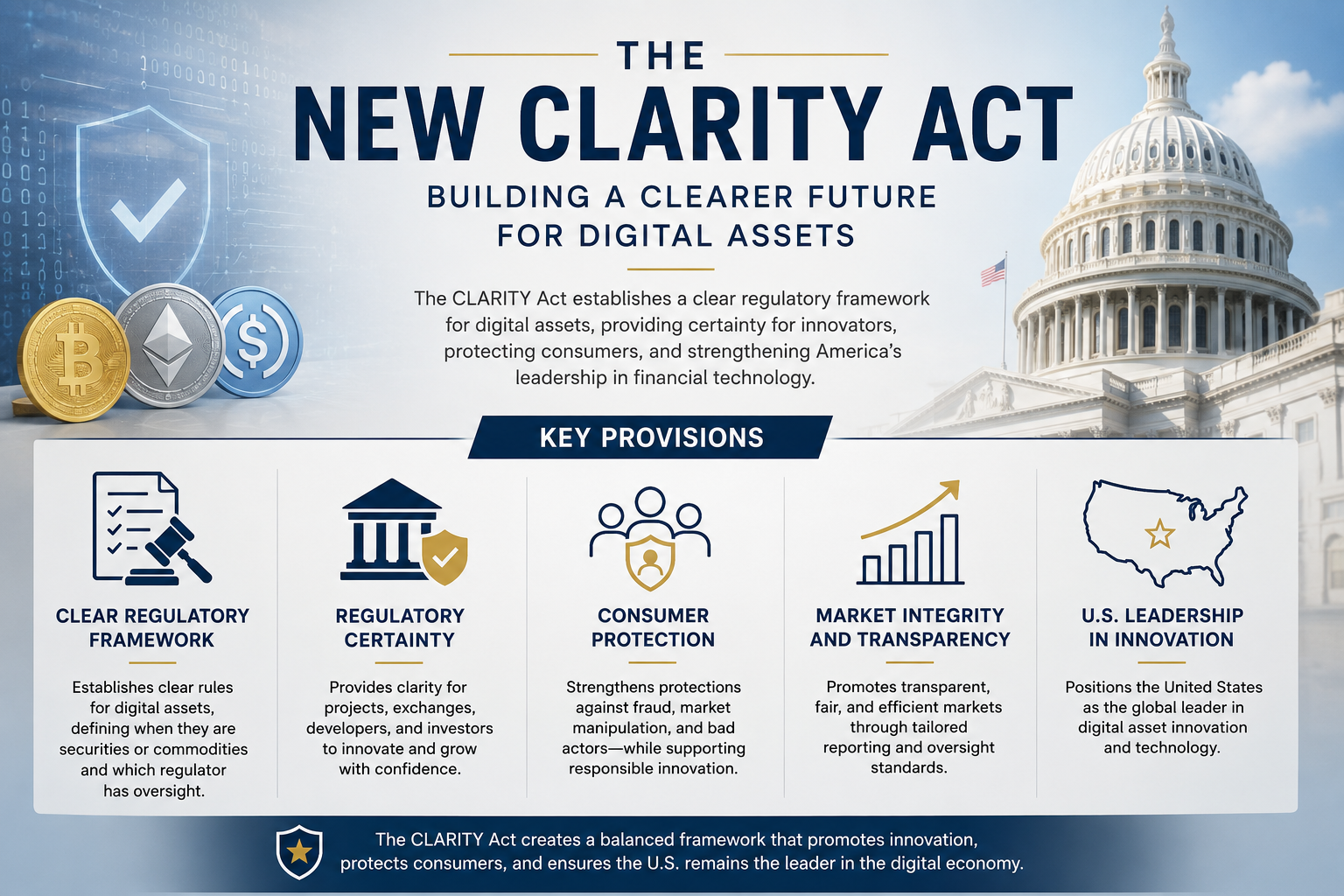CLARITY Act concept illustration showing U.S. flag, Capitol building, and Bitcoin symbol representing the intersection of American law and cryptocurrency