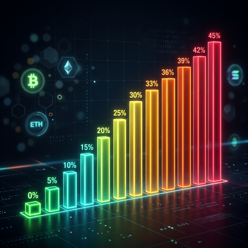 "Bar chart infographic showing cryptocurrency tax rates globally from 0 percent in Singapore to 45 percent in Denmark"