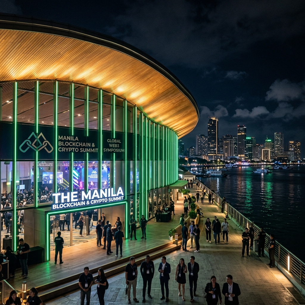 "Night view of a modern waterfront convention venue with a curved wood-slat roof and green vertical accent lighting, overlooking Manila Bay with the city skyline in the distance"