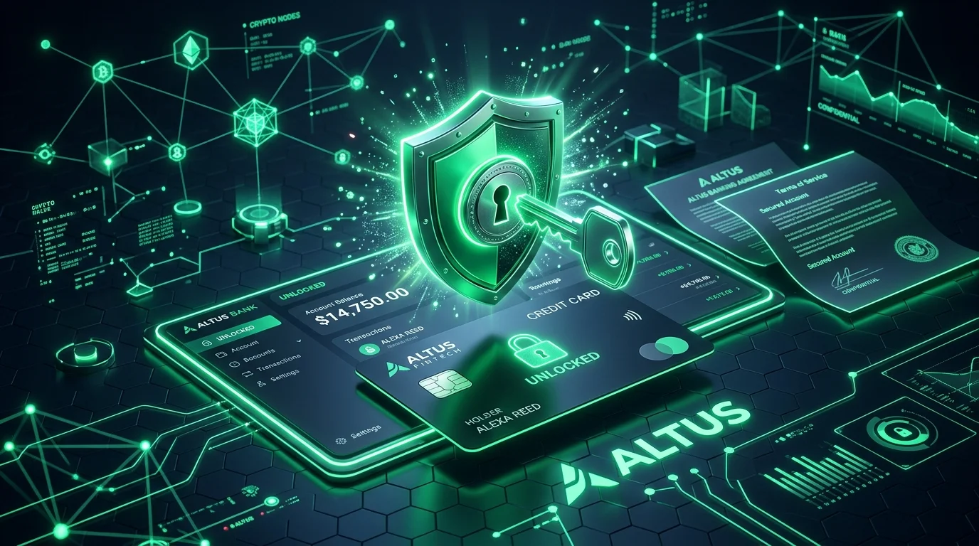 3D illustration of an encrypted bank account shield unlocking alongside legal dispute documents and crypto blockchain nodes